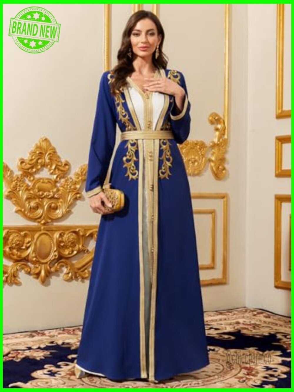 Gold Embroidered Maxi Dress Formal Evening Gown Modest Abaya - Picture 5 of 5
